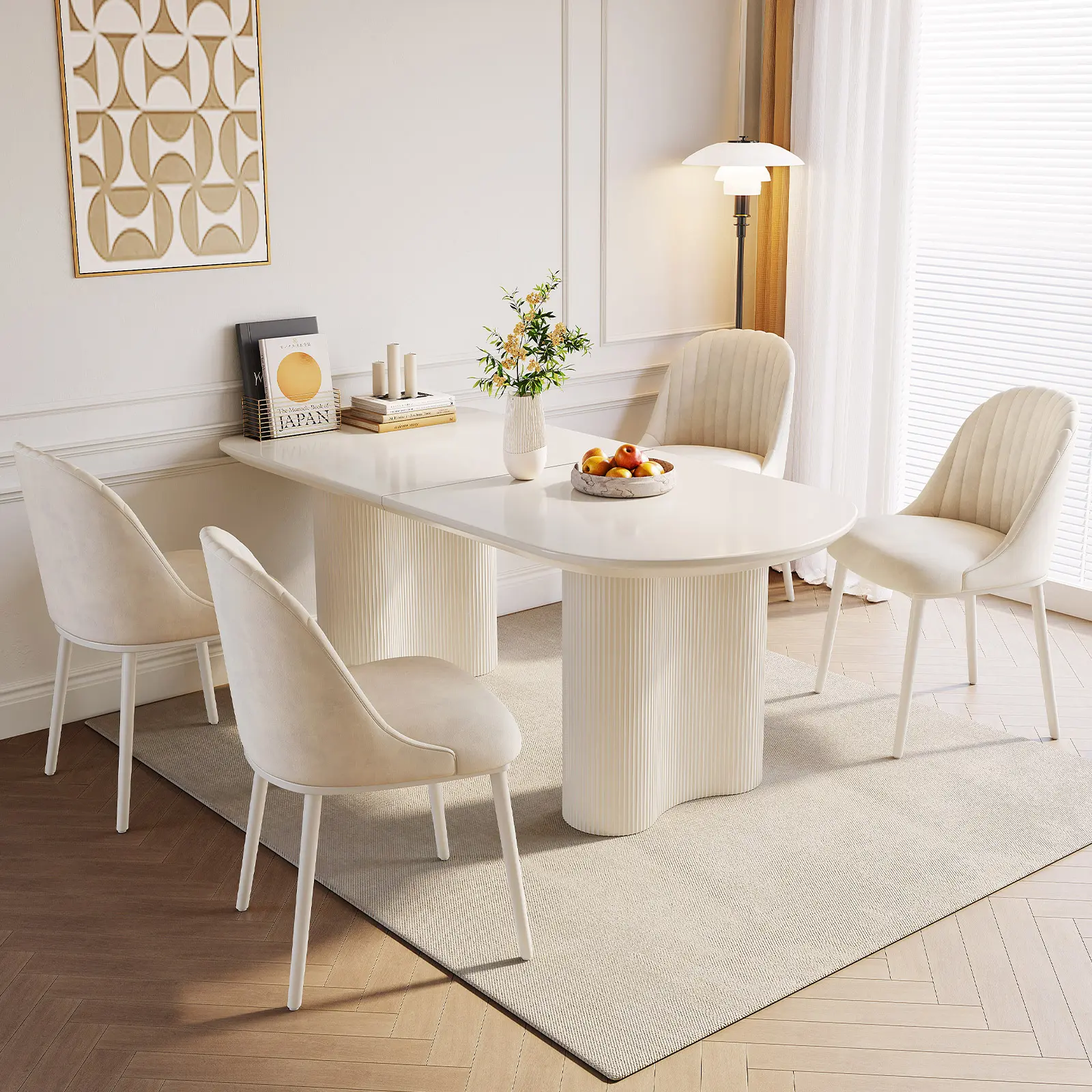 Guyii 63" Cream White Oval Dining Table Set for 4-6 People, Modern Wavy Leg Kitchen Table with Tech Fabric Upholstered Chairs, Minimalist Space-Saving Dining Furniture for Apartment, Breakfast Nook & Dining Room
