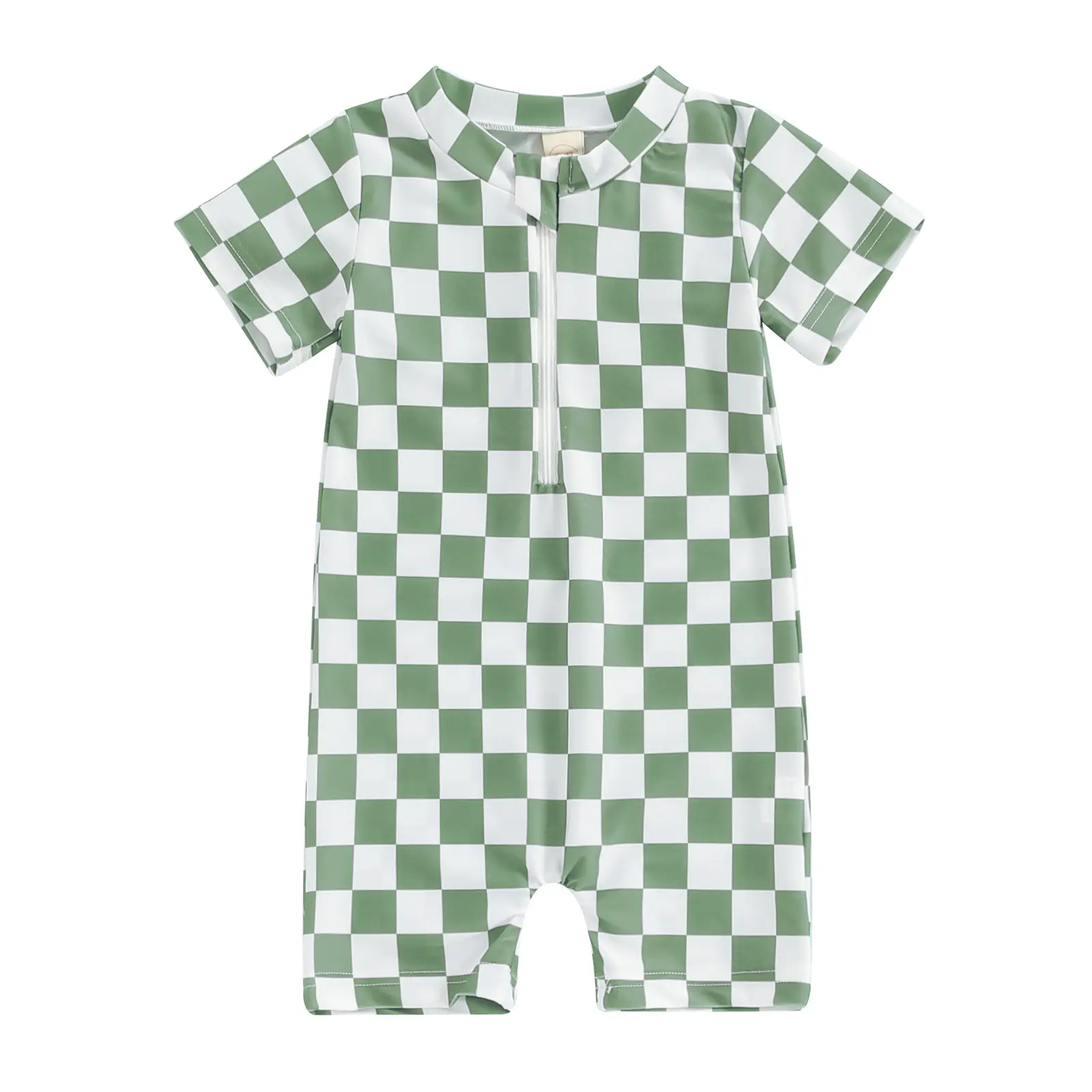 Babamoon Toddler Checkerboard Rash Guard Swimsuit - Short Sleeve Zipper Top, Toddler Bathing Suits, Swimwear Outfits for Boys & Girls (Beach Use), Rash Guard Swimsuits
