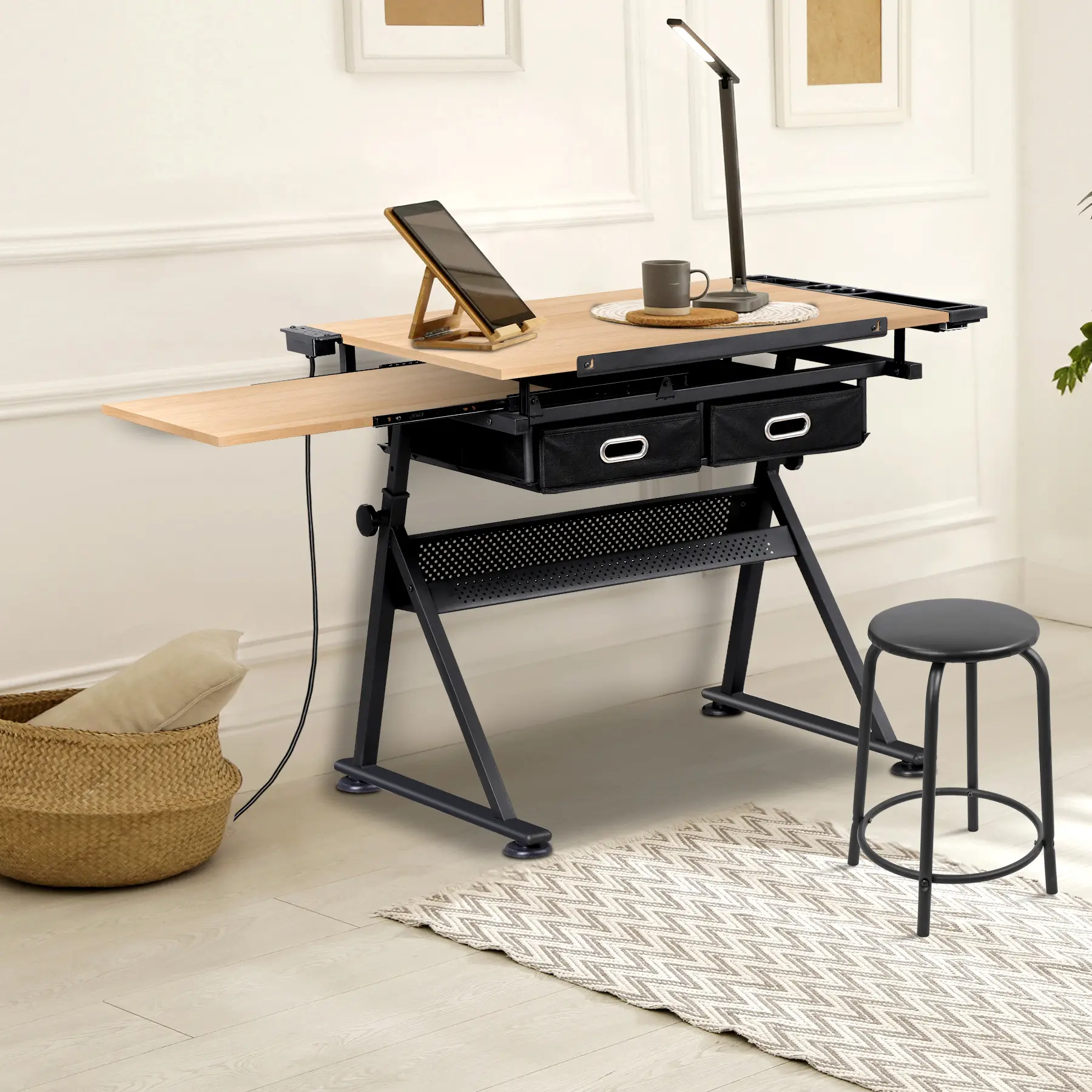 LEMY Adjustable Wood-Steel Drawing Table - Ergonomic Art Desk with Dual-Level Workspace, Storage Drawers, Shelf & Stool, Height/Angle Tilting, 44.7-54.1x23.6x27.2-37in, 47.5lbs, Multi-Use for Painting & Computer Desk