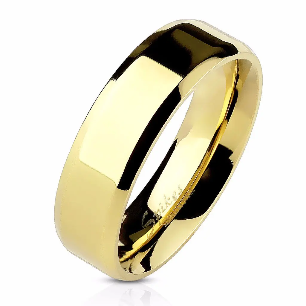Lanyjewelry Unisex 14K Gold IP Stainless Steel Flat Band Ring, 6mm Wide Beveled Edge, Hypoallergenic Casual Vintage Engagement Gold Ring, Rust & Tarnish Resistant Durable