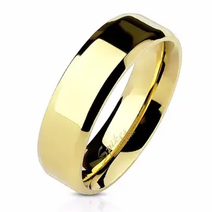 Beveled Edge 14K Gold IP Stainless Steel Flat Band Ring 6mm Wide Hypoallergenic for Men or Women Rust & Tarnish Resistant Durable Ring