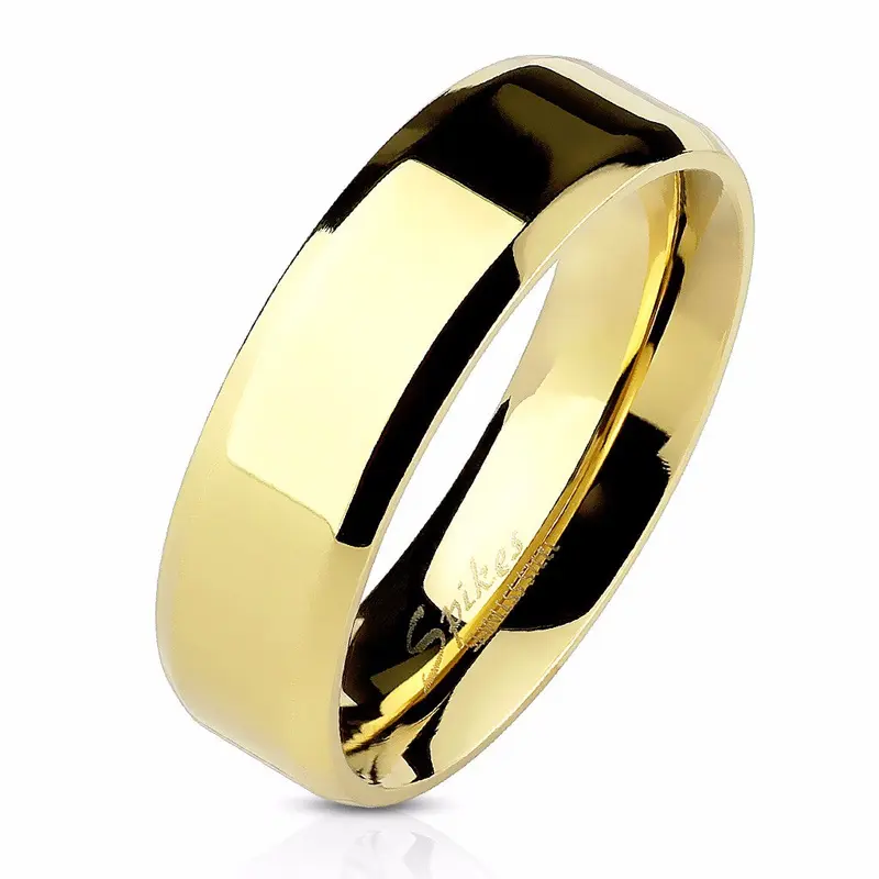 Lanyjewelry Unisex 14K Gold IP Plated 316 Stainless Steel Flat Band Ring - 6mm Wide Beveled Edge, Durable, Hypoallergenic, Rust Resistant, Tarnish Resistant, Vintage Daily Casual Wear Fashion Costume Jewelry