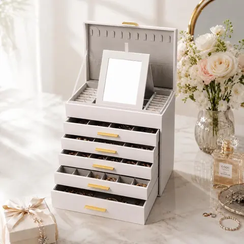 BOOVO 6-Layer Durable Storage Vanity Jewelry Box Organizer with Mirror, PU Leather, Velvet Lining & Buckle for Bedroom, All Purpose Jewelry Boxes & Organizers to Organize, Protect, Display Rings, Earrings, Necklaces, Bracelets (Ideal for Anniversaries)