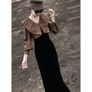Lancer 2025 Autumn New Arrivals: Elegance & Grace - Black Velvet Long Sleeve Padded Lapel Dress with Double Layering Design