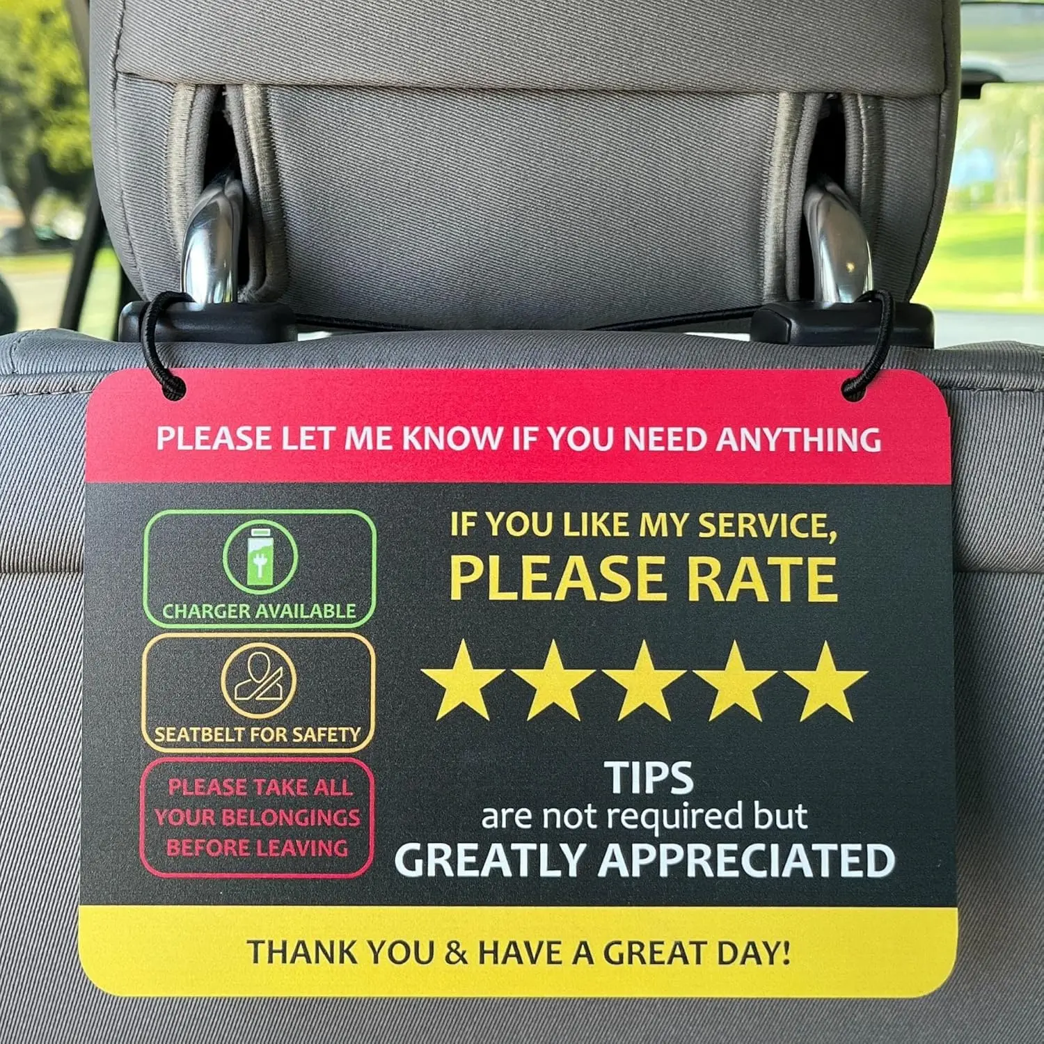 Rideshare Car Interior Seat-Back Headrest Signs (2-Pack) - 7"x5" Double Sided, Water Resistant, Uber/Lyft Compatible, Easy Install/Uninstall, Manufacturer Warranty, Clean Look, Easy Hang, Cars Accessories, Vehicle Decoration