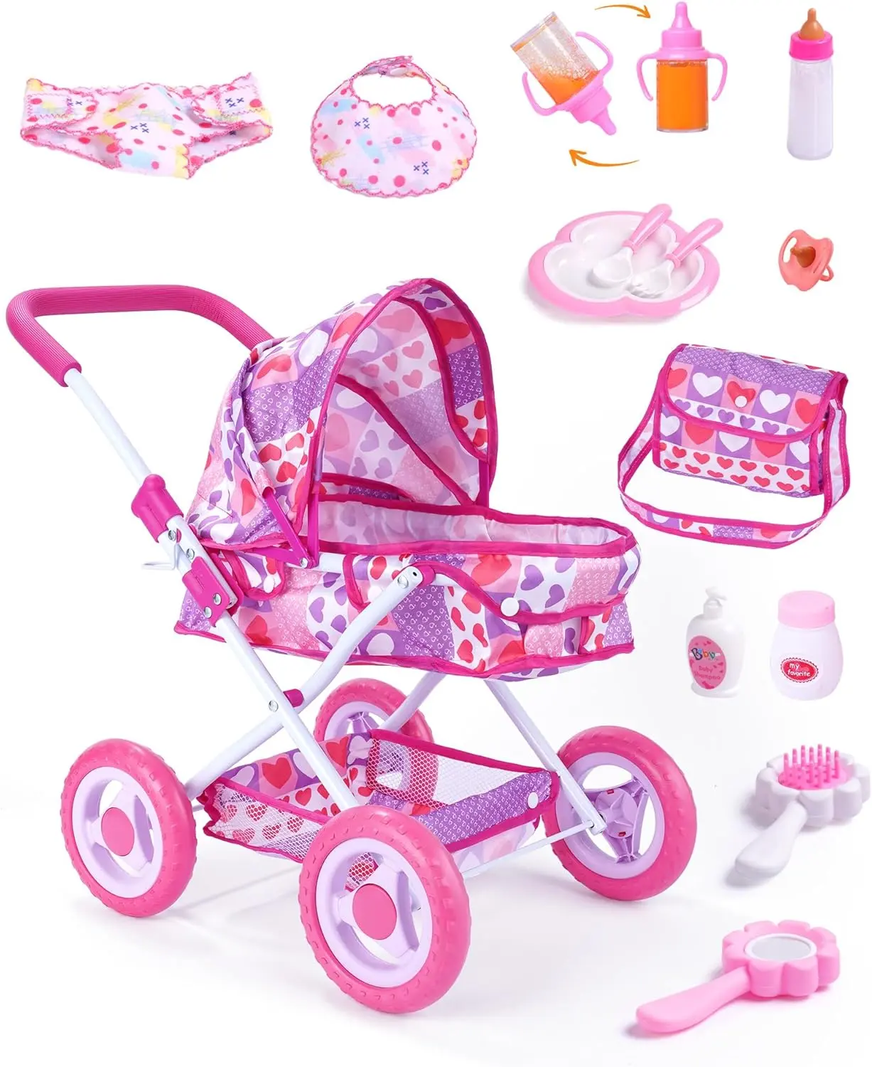 #Summervibes#DealsForYouDays BABESIDE Baby Doll Stroller Accessories Set,Suitable for 12-inch dolls, 10 Pcs Doll Stroller with Foldable Design, Baby Doll Accessories for Pretend Play, Feeding & Care Playset, Gift for kids Ages 3yrs+ (Doll Not Included)
