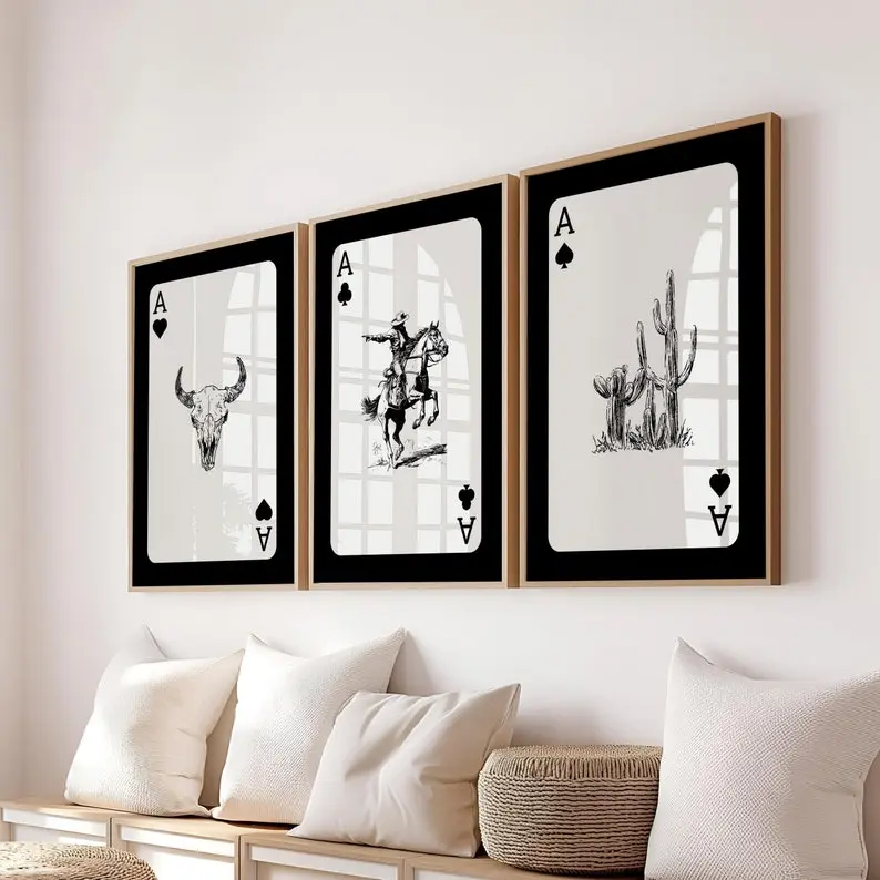 Western Wall Art Set Of 3 C0wb0y Print Playing Card Inspired Print Southwestern Decor Trendy Western art Longhorn Bull Skull