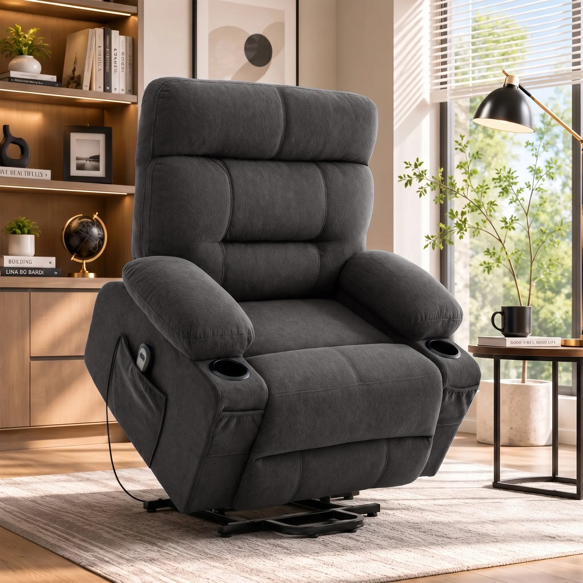 GASEE Heavy Duty Power Lift Electric Recliner Chair for Elderly - Modern High Back Fabric Cover Sofa with Fixed Arms, Safe Reclining Mechanism for Living Room, Dark Grey