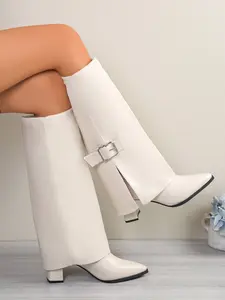 New Fashion Punk Street PU Leather Belt Buckle Pointed Toe Boot, Thick Heel Above Ankle High Tube Boot, Slimming Versatile Design