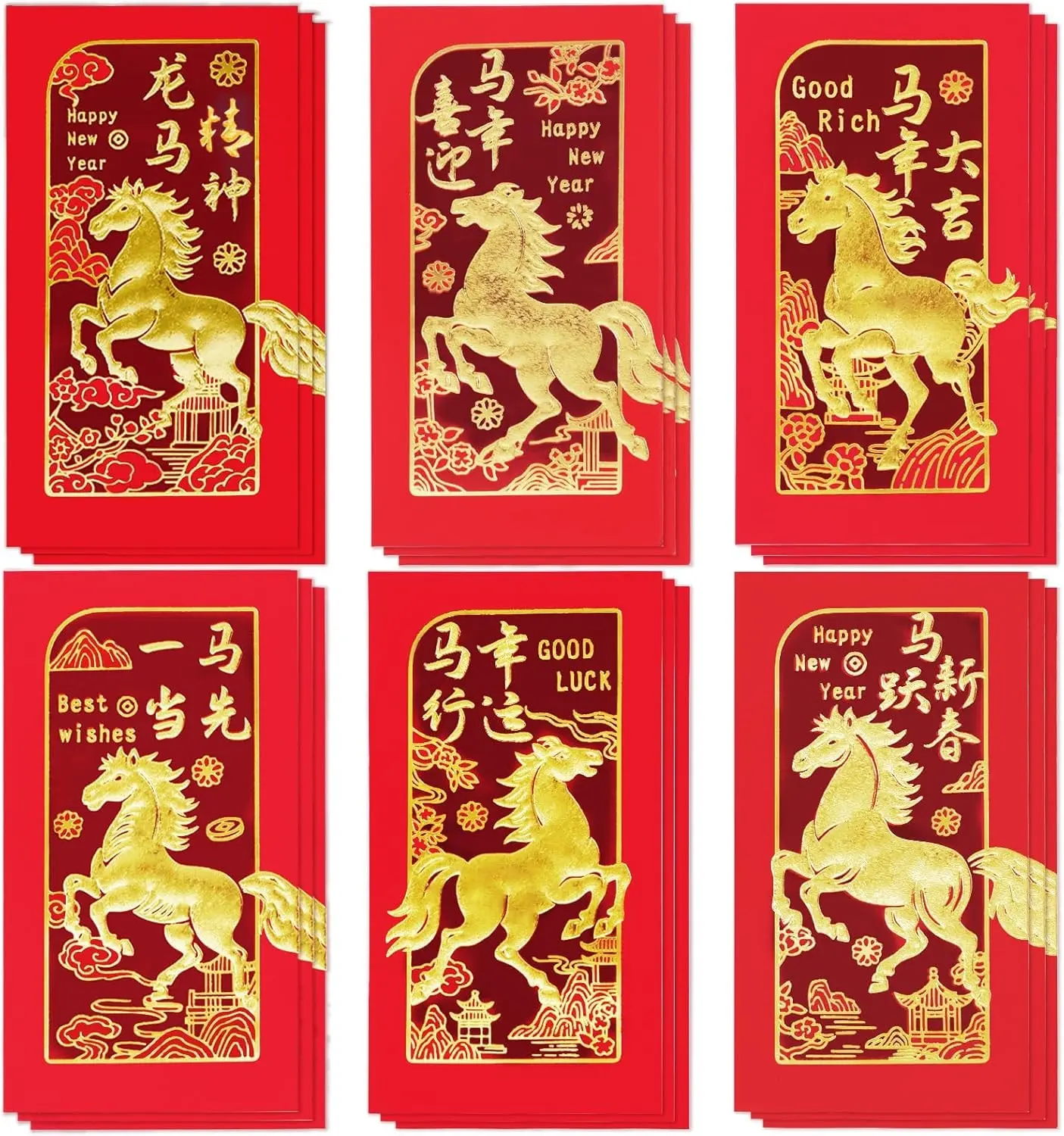Chinese New Year Red Envelopes, Lunar New Year Envelopes Decorations 2026 New Years Eve Party Supplies, Year of the Horse 2026 Red Envelope Chinese New Year Gifts with 6 Gold Embossed Patterns-18 Pcs