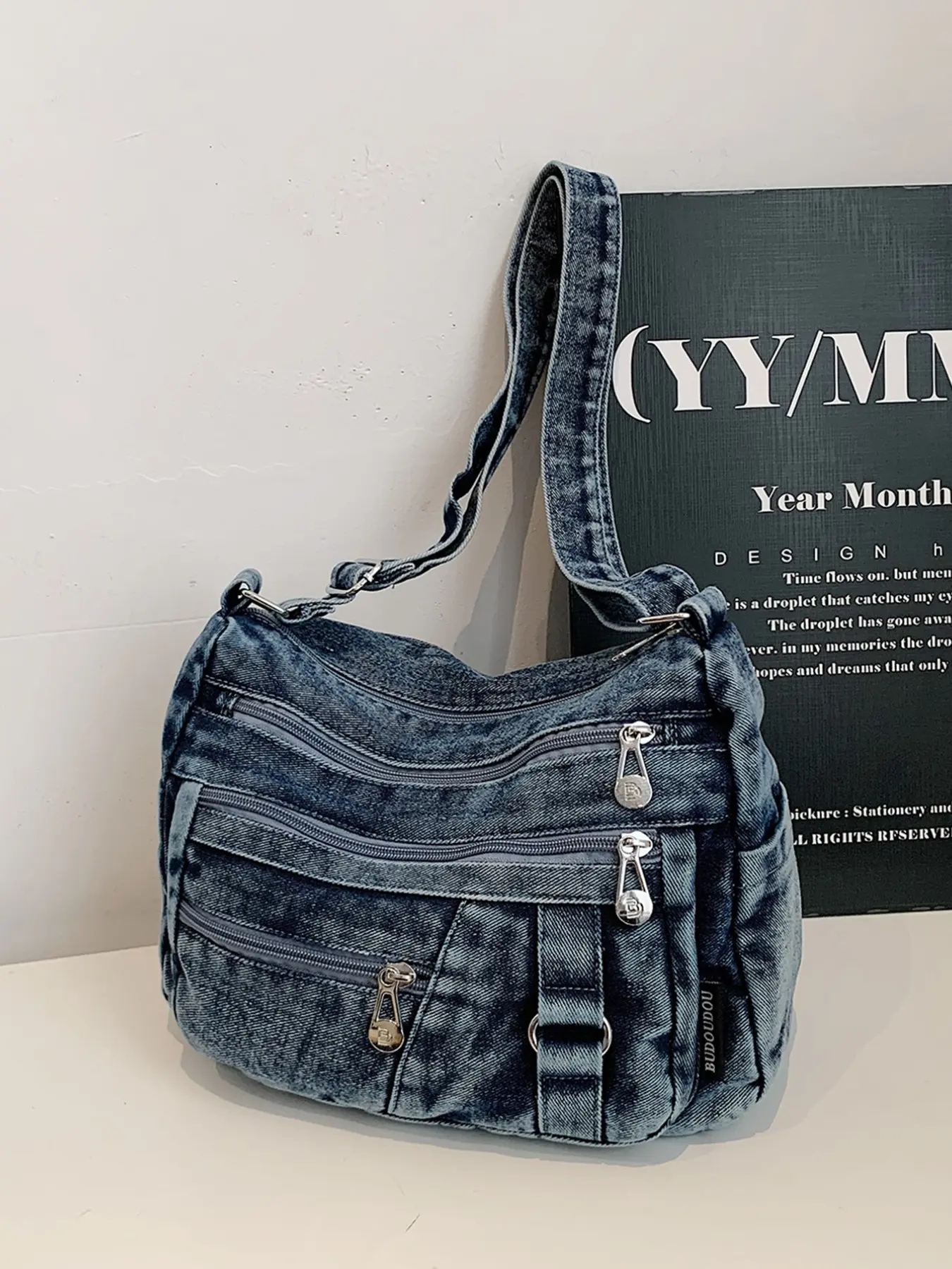 Denim Crossbody Bag, Single Shoulder Tote, Vintage Workwear Style, Work Bags, Multiple Zip Pockets, Zipper Crossbody, Large Capacity, Unisex Casual Backpack, Adjustable Crossbody Bag
