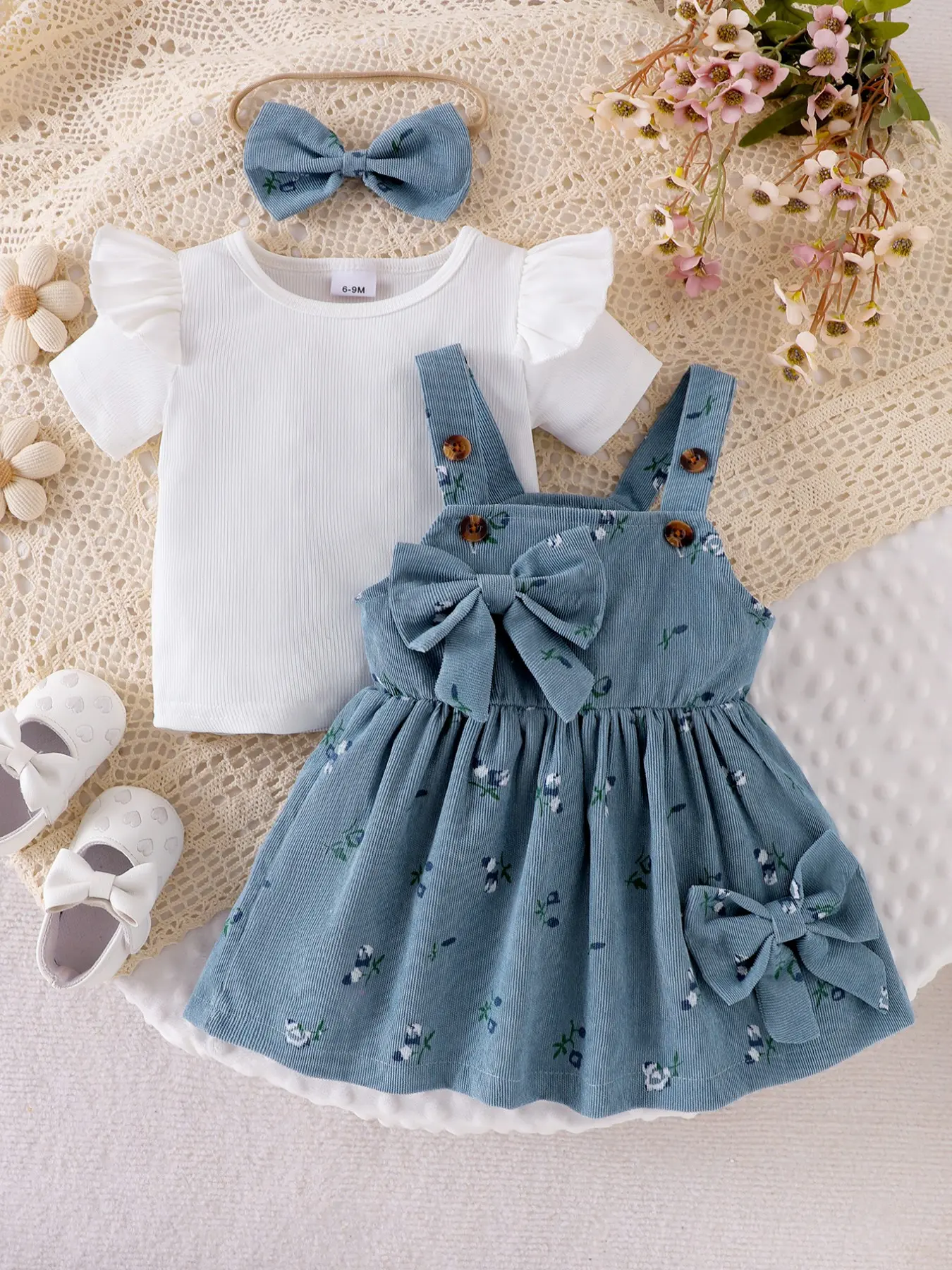 Baby Girl 3-Piece Set, Cute Casual Short Sleeve T-Shirt, Striped Dress with Large Bow, Elegant Style, Includes Hair Band