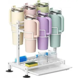 Carbon Steel Multi-Tier Cup Storage Rack Organizer with Drain Tray, Space-Saving Countertop/Kitchen Cabinet Holder for Cups, Lids, Spices, Easy Installation, Portable, 13.39"x9.06"x16.30" Home Organizer
