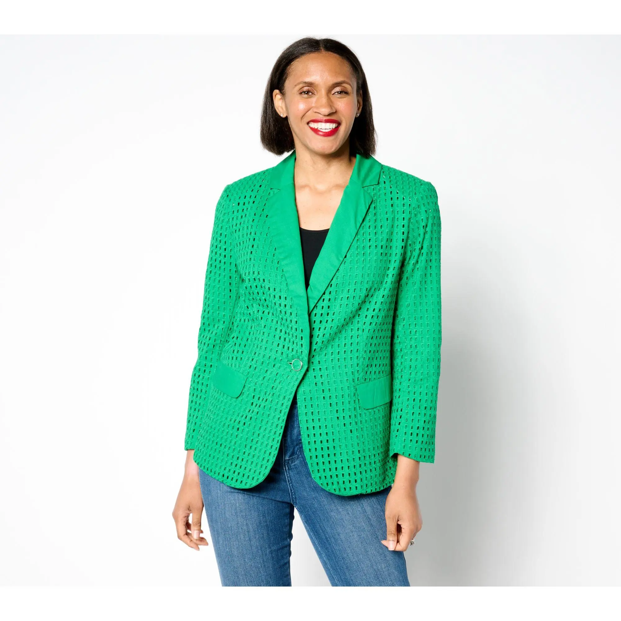 QVC Women's Pure Cotton Eyelet Blazer, Notch Collar, Bracelet Sleeves