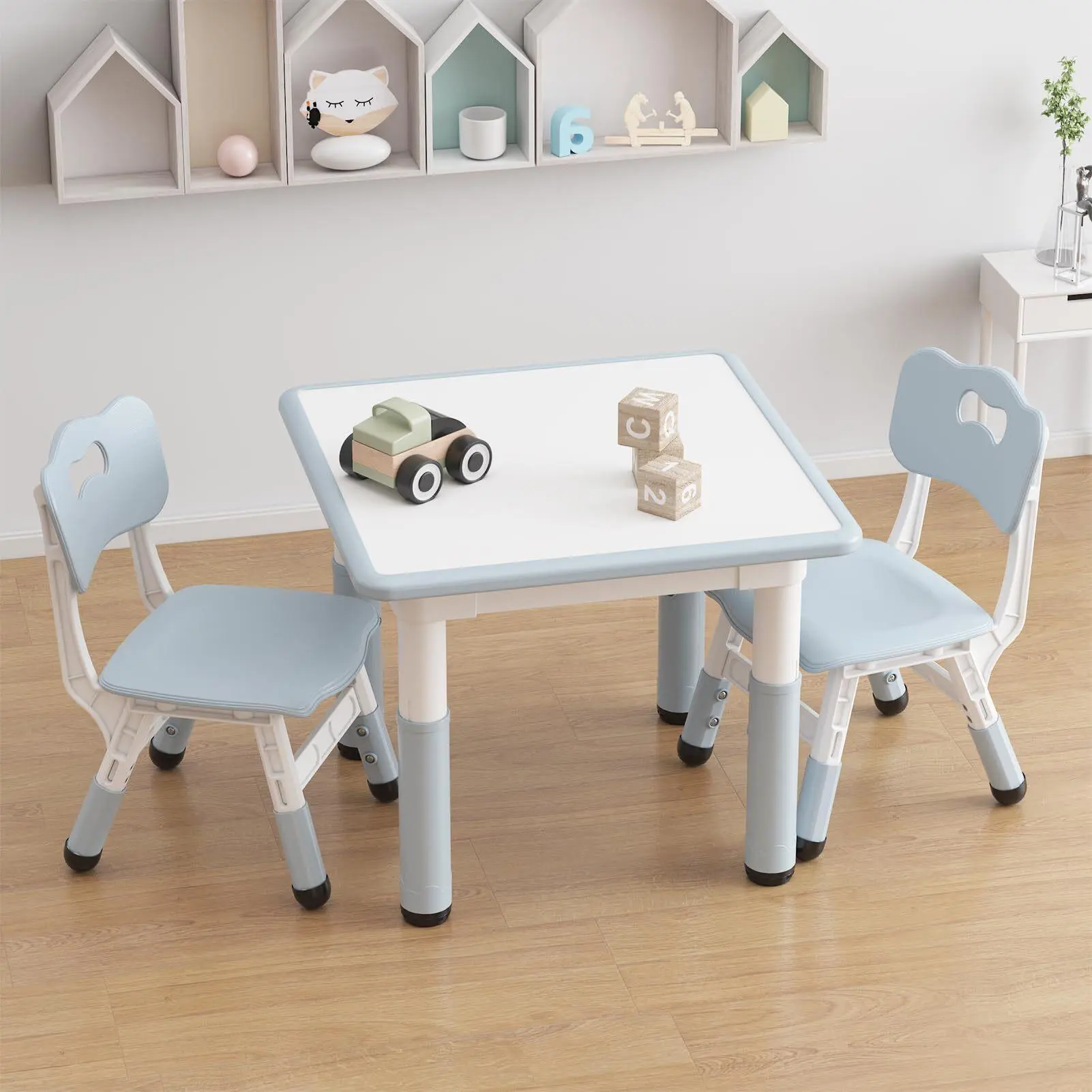 Unisex 2-Piece Height-Adjustable Kids Table and Chairs Set - Child-Sized, Graffiti Desktop, Multiuse Indoor Study Furniture with Draw & Study Spot for Home, Suitable for Ages 2-8, Blue