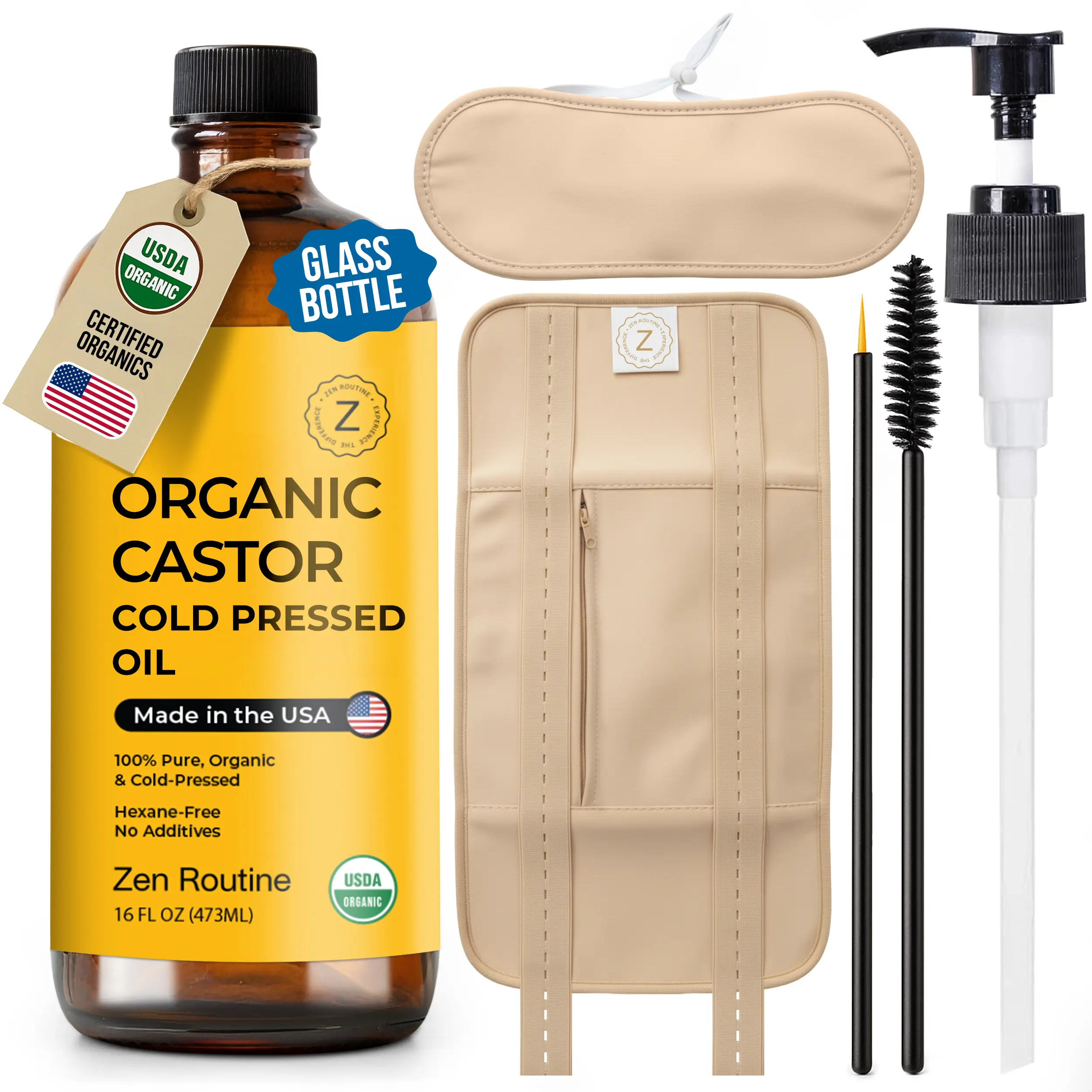 Zen Routine Castor Oil Pack Wrap + Organic Castor Oil Glass Bottle 16oz Bundle | Bloating Relief, Gut Health & Hormone Balance | Reusable Wrap with Adjustable Straps | Cold-Pressed Hexane Free | Made in USA