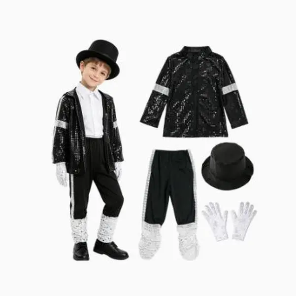 Kids Michael Jackson Cosplay Costume Set, Boys Sequin Dance Outfit with Hat, Gloves, Socks, Jacket and Pants, Halloween Party Performance Costume, Plus Size Available