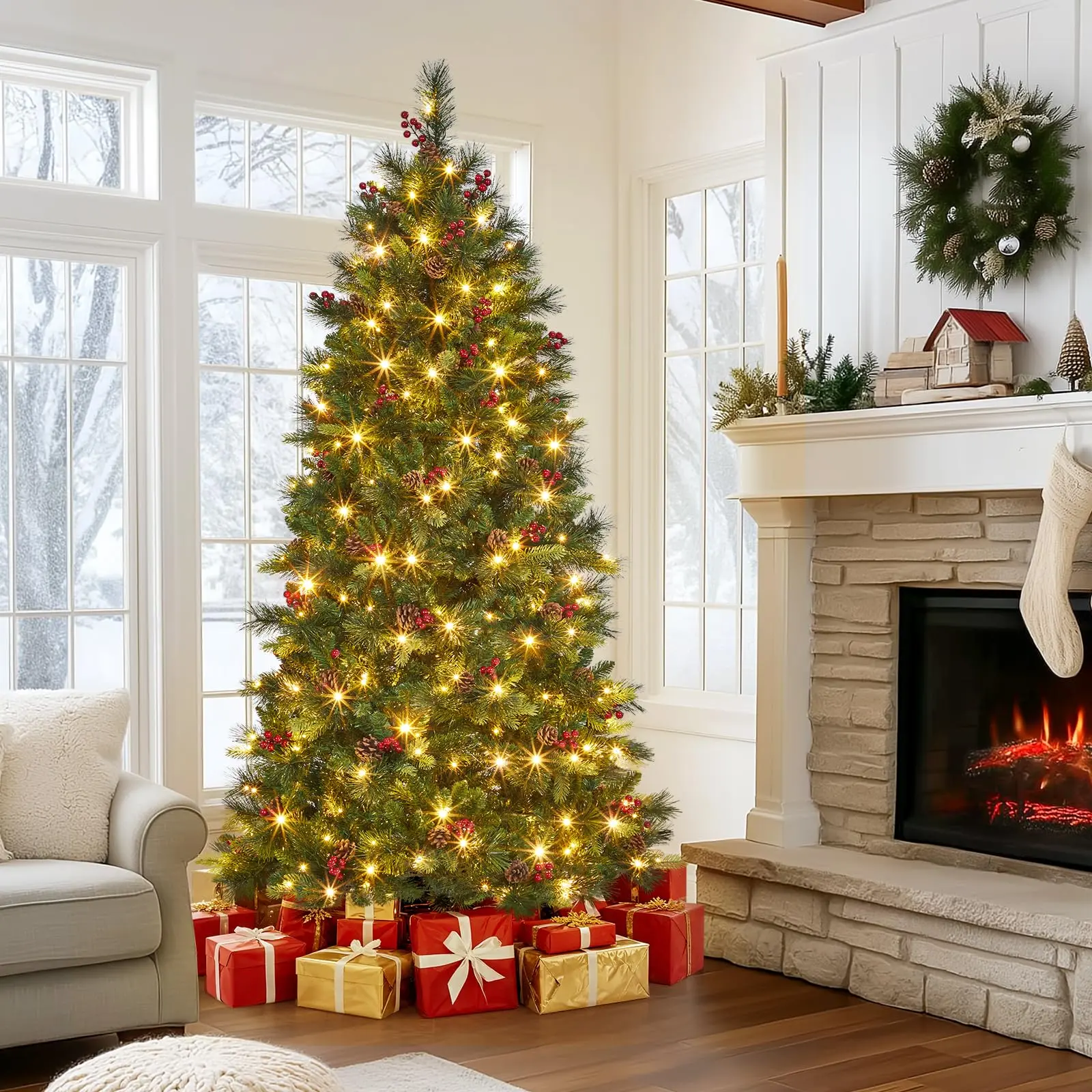 6ft Pre-Lit LED Artificial Christmas Tree - Realistic Fluffy Fraser Fir with PVC Needles, 900 Hinged Branch Tips, 350 Warm White Lights, Pine Cones, Berries, Metal Multicolor Switch, Tripod Stand, Family-Safe Holiday Home Decoration, Easy Install, Strong