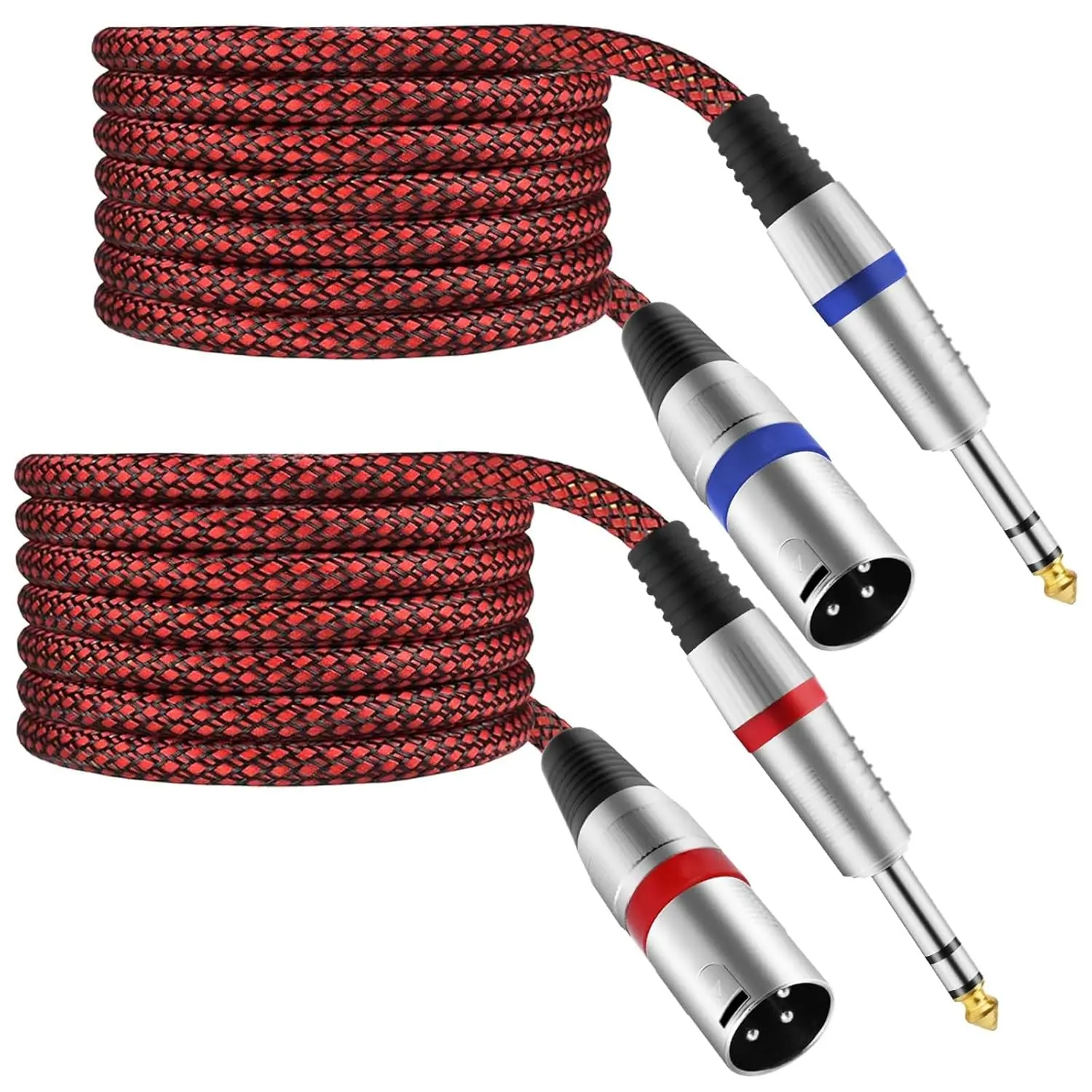 XLR Male to 1/4" TRS Cable Balanced - 10FT Quarter Inch Stereo to XLR Microphone Cord Adapter, Nylon Braided, OFC Shielded, Red Color, for Mixer, Monitor Speaker, Audio Interface, 2Pack