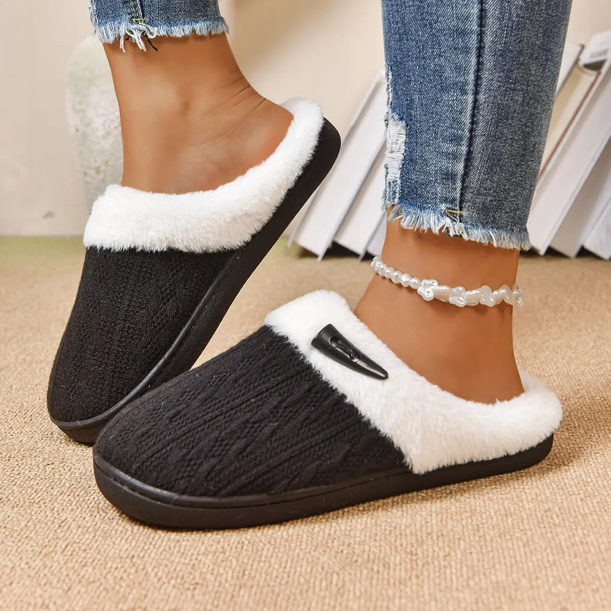 Women’s Knit Scuff House Slippers - Round Toe, Argyle, Chic Casual, Faux Fur Lined, Memory Foam Cushioned, Rubber Sole, Warm Winter Slip-On Shoes with Decorative Horn Buttons for Indoor Use