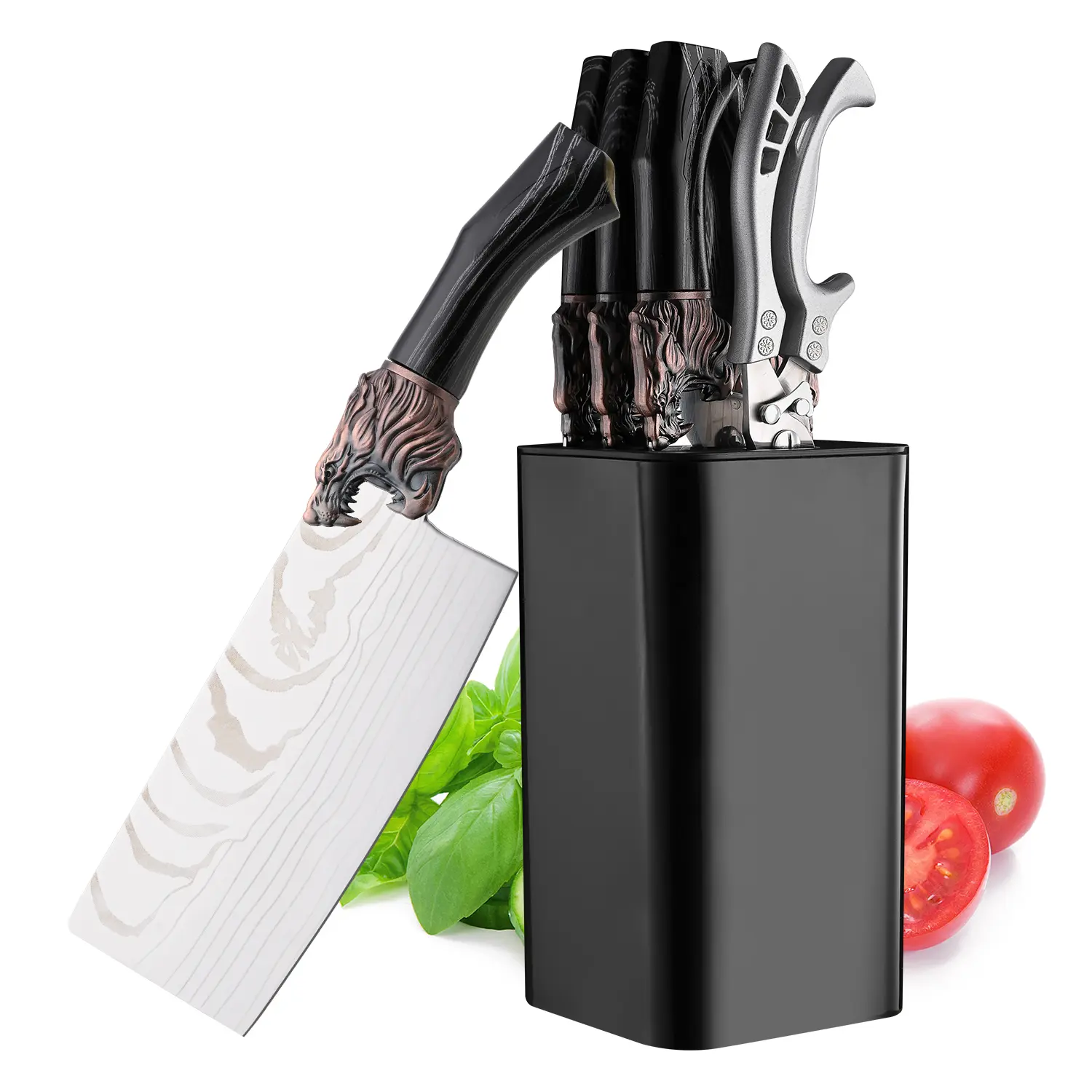 8pc kitchen knife set - Damascus laser pattern, kitchenware, black anti-wood grain plastic handle, knife stand storage convenient, cutting vegetables, cutting meat slaughtering, multi-functional scissors, outdoor camping, holiday gifts, local warehouse