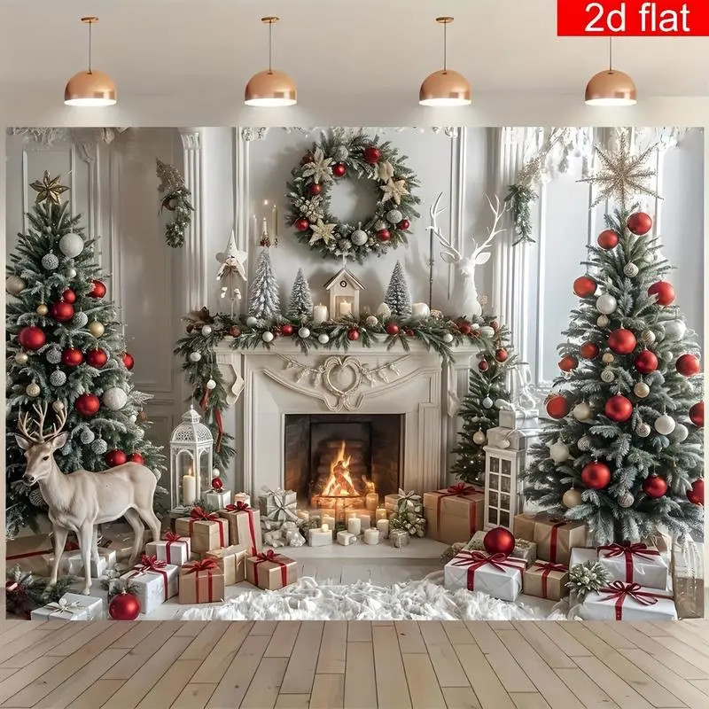 Lightweight Polyester Christmas Tree Elk Pattern Festive Backdrops & Banners - Wall Decor with Vibrant Pattern, Ample Coverage, Suitable for Winter Wedding, Living Room (All Seasons Compatible)
