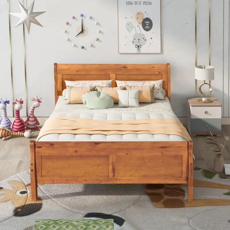 Wooden Full Platform Bed, Full size Bed Frame with Headboard and Footboard, Sleigh Bed with Wood Slat Support