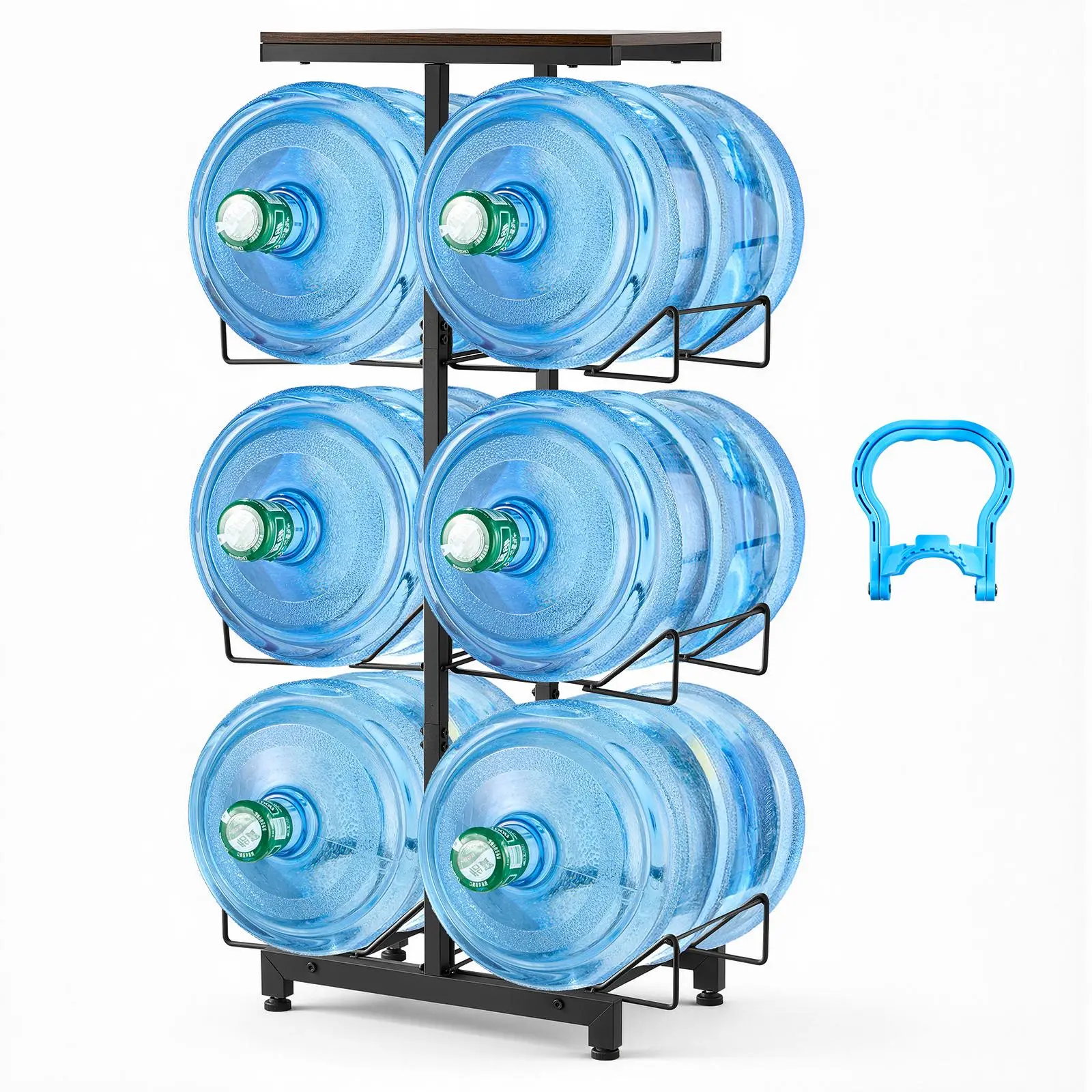 【summerfinds】VEVOR Water Jug Holder, 4 Tiers Double Rows 3 and 5 Gallon Water Bottle Holder for 6 Bottles, Heavy Duty Jug Rack Organizer with Handles, Foldable for Kitchen, Office, Living Room, Black and Brown