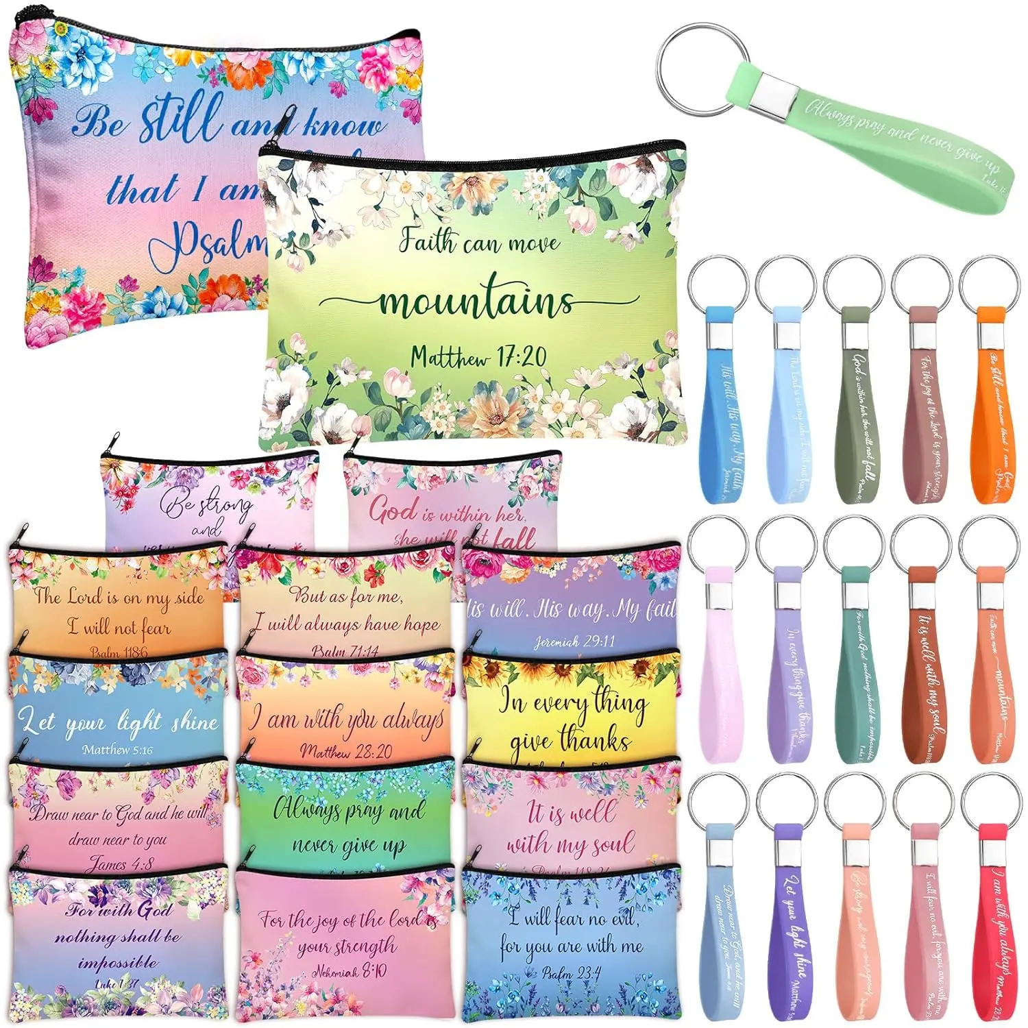 Gejoy Christian Bulk Women's Cosmetic Pouch Set - Portable Zippered Storage Bag, Mini Purse, Lipstick Holder, Bible Verse Keychains, Mini Mirrors, Purse Stuffers for Church Supplies Religious Gifts