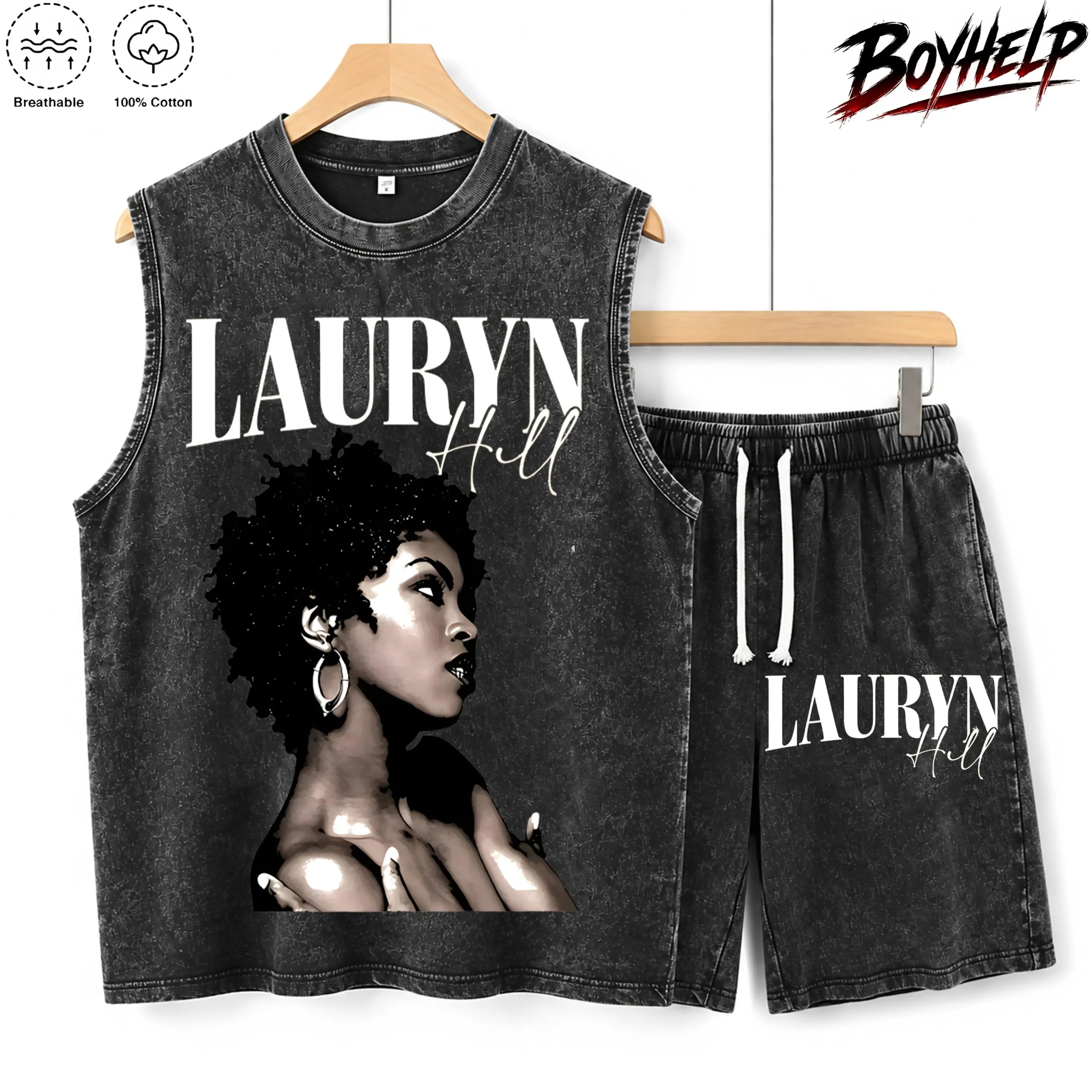 Two-Piece Cool Girl Printing, Versatile, Distressed vest Loose Fit, Casual Street Style,Men's Casual Crew Neck Unisex Streetwear tops & Shorts sohochic