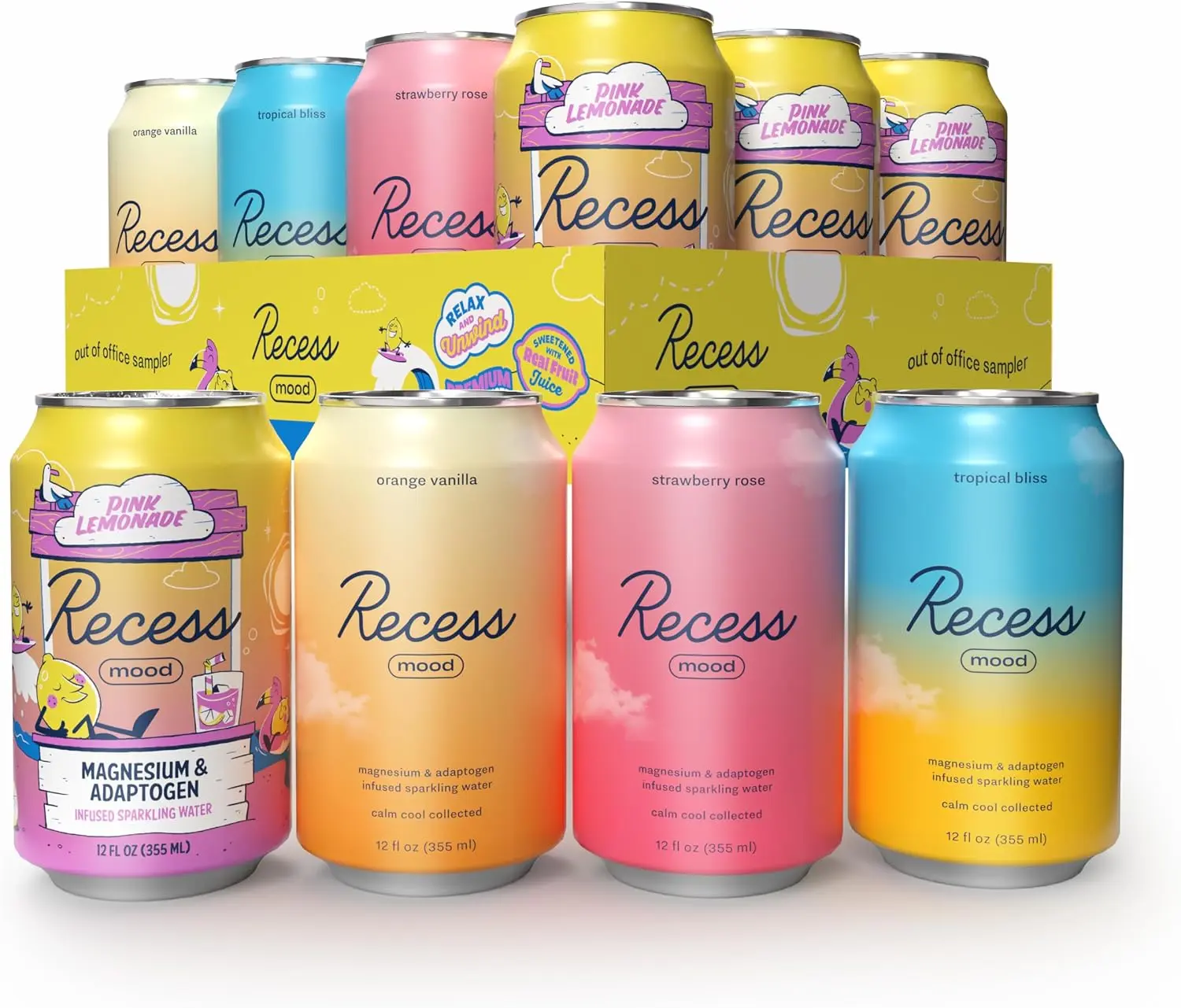 Recess Mood Magnesium & Adaptogen Relaxation Drink, Sparkling Wellness Beverage, 12 oz Cans, Out of Office Sampler, 12 Pack