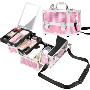 Costoffs Aluminum Makeup Train Case with Mirror, Portable Travel Cosmetic Organizer with 2 Trays & Adjustable Dividers