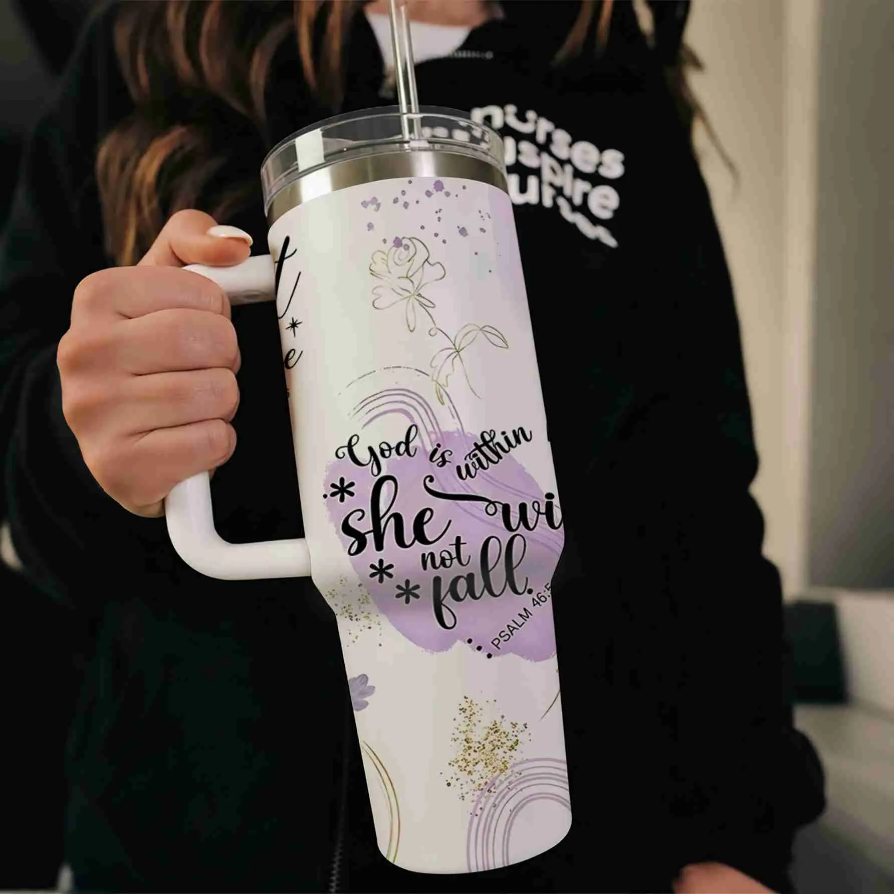 40oz (1,000-2,000 ml) Portable Purple Floral Bible Verse Water Bottle - 304 Stainless Steel Double-Wall Leakproof Insulated Drink Tumbler with Lid, Handle, Suitable for Car, Travel, Christian Gift, Heat-Insulating