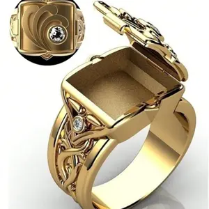 Creative Hip Hop Style Flip Open Fashion Ring with Personalized Storage Compartment Flower Engraved for Men Daily Wear