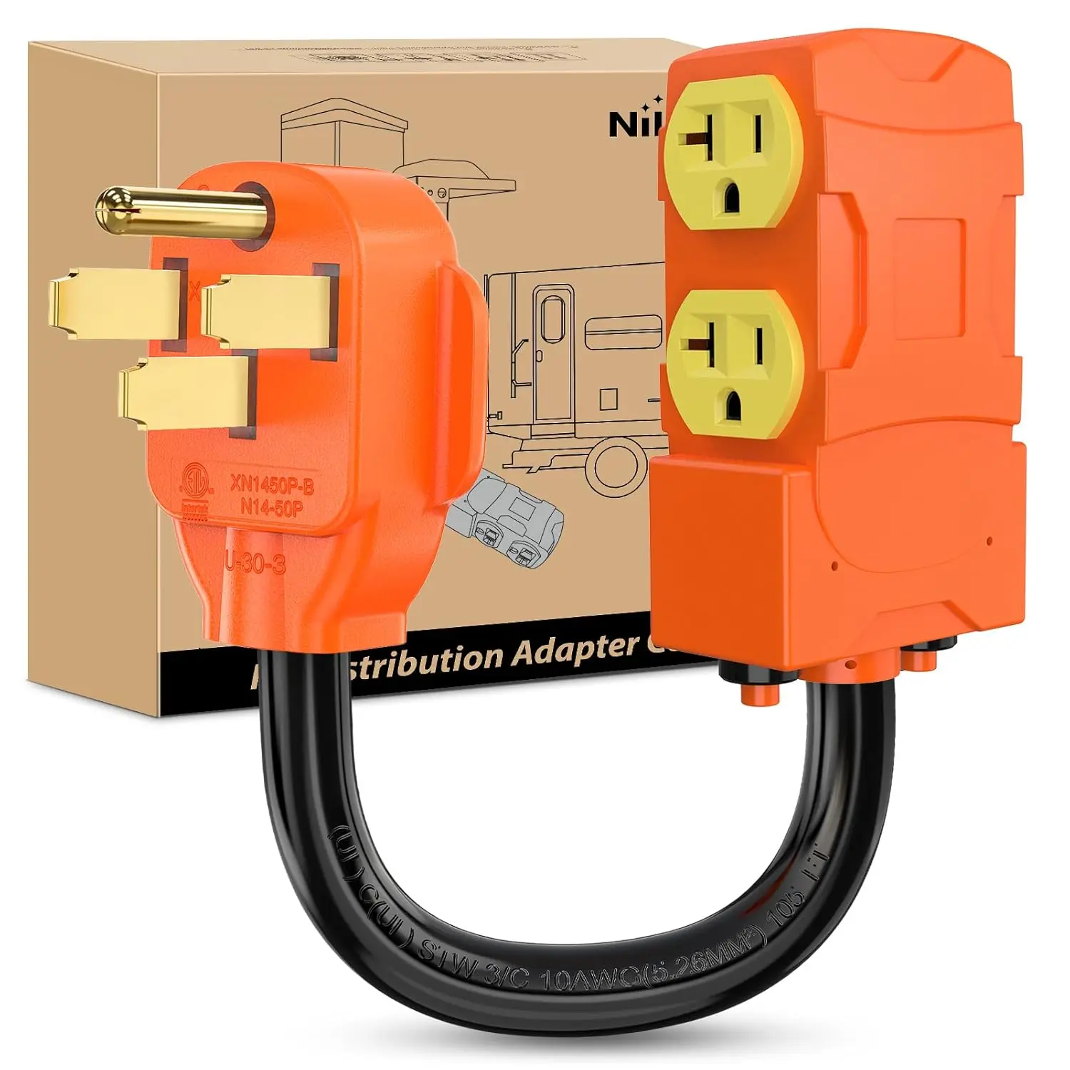 Nilight 50 Amp to 20 Amp 110V RV Power Adapter Cord with Circuit Breaker NEMA 14-50P Male to 4X 5-15R/5-20R Female RV Distribution Adapter Plug ETL Listed 4 Household Outlets for RVs Camper Generator