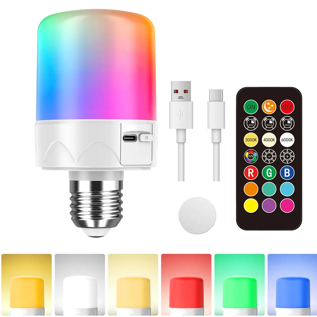 USB Rechargeable Magnetic LED Bulb E27 with Remote Control, Ideal for Indoor and Outdoor Wireless Wall Lights, Vibrant RGB Lighting, RGB Led Effects