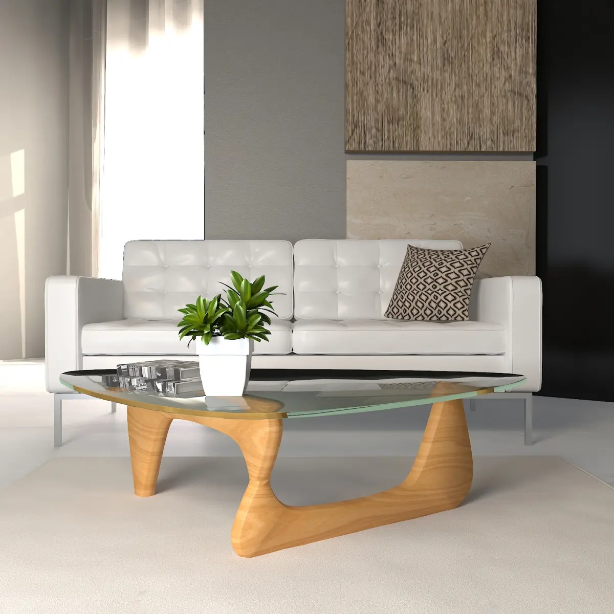 360 stand Imperial Triangle Contemporary Coffee Table - Glass Tabletop, Solid Wood Frame with Wood Grain & Interlocked Legs, 15.7x36.5x51.2in Natural Finish, Indoor Home Decor Furniture (Model NG52NW), Solid Wood Table
