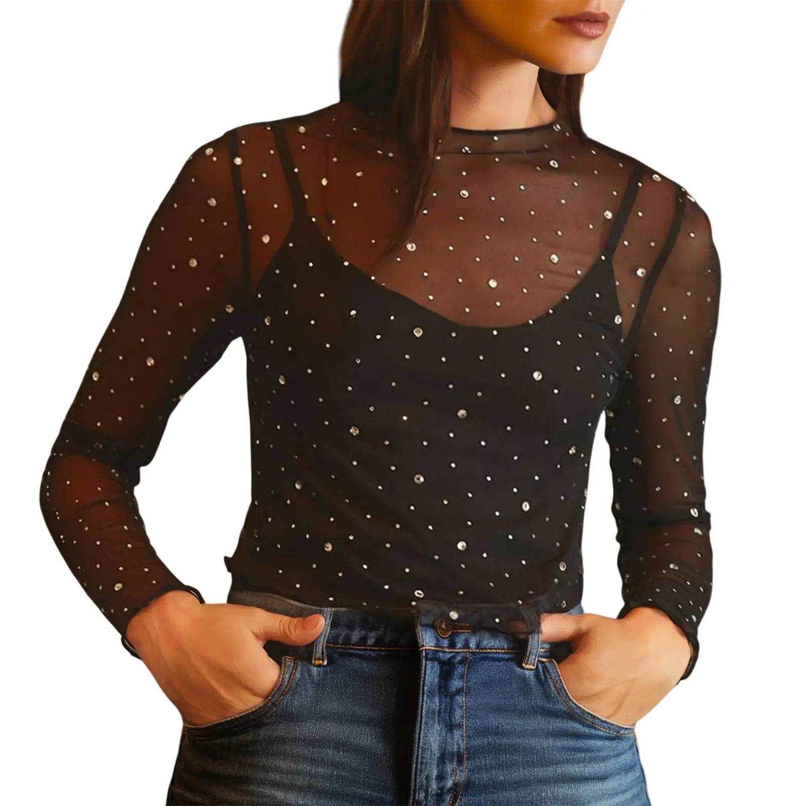 Women's Chic Polyester Knit Long Sleeve Shirt - Spring Fall, Crew Neck, Sexy Sheer Mesh, Rhinestone Dots, Slim Fit, Evening Party Wear, Machine Washable