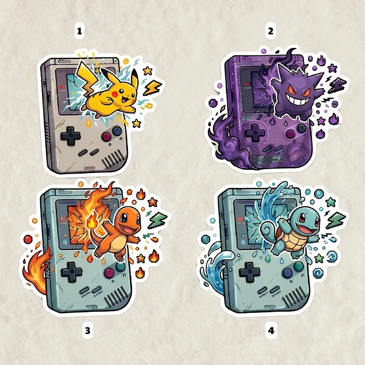 Retro Gameboy Poke Stickers, Pikachu Gengar Squirtle or Charmander, 90s Gaming Waterproof Vinyl Decal for Laptop, Water Bottle, Car, Gamer Gift