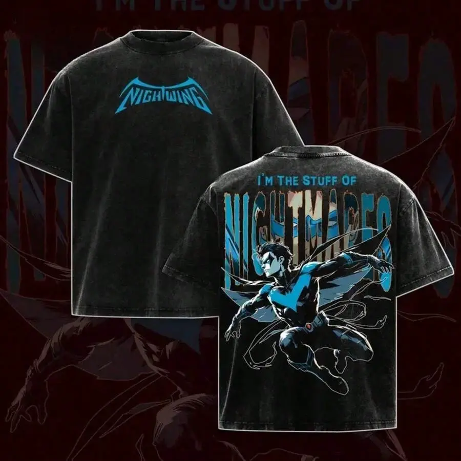 Washed Black Nightwing Tshirt for Men Oversized Short Sleeve Casual Streetwear Tee Featuring "Nightwing" Logo and "I'm the Stuff of Nightmares" Quote for Harajuku and Grunge Style