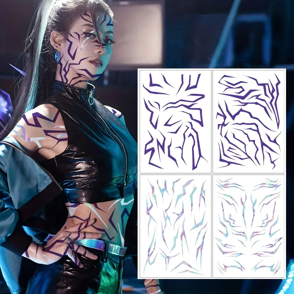 4pcs Large Pop Makeup Tattoo Stickers, Temporary Tattoos, Demon Body Art with Laser Lighting Effects, Durable Paper Temporaries for Parties & Festivals, Temporary Fake Tattoo