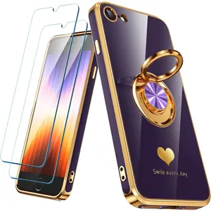 Compatible for iPhone SE/8/7 Case with 2 Pack Screen Protector, 360° Rotatable Ring Holder [Luxury Hearts Pattern] Plating Gold Edge Slim Soft Phone Case for iPhone SE/8/7 - Purple