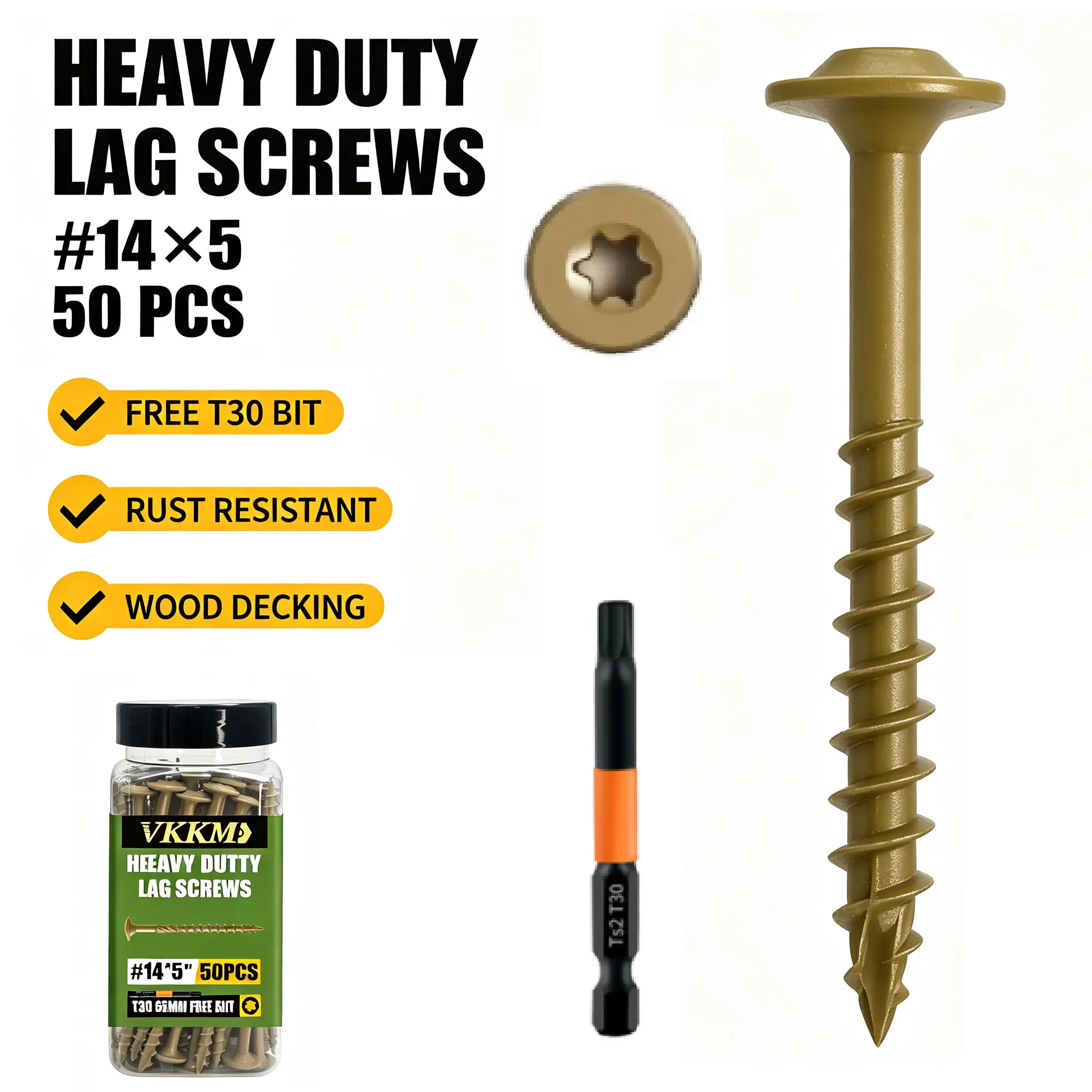 VKKM #14 x 5 Inch Construction Lag Screws, 50Pcs Heavy Duty Wood Deck Screws, T30 Star Drive Anti-Rust Coated Structural Lag Bolts with Free T30 Bit for Fence, Deck, Framing, Outdoor Wood Projects
