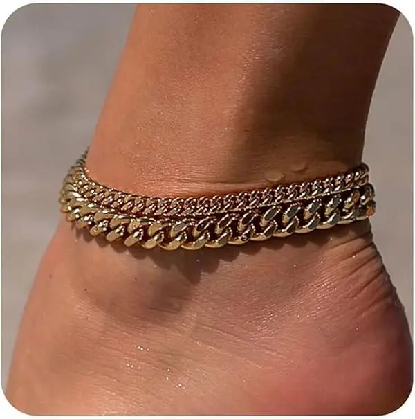 Loyalove Ankle Bracelets For Women Waterproof Chunky Cuban Link Chain Ankle Bracelet Trendy Large Layer Anklet Set Jewelry Gift Versatile Accessory Jewellery Hypoallergenic Gold Plated