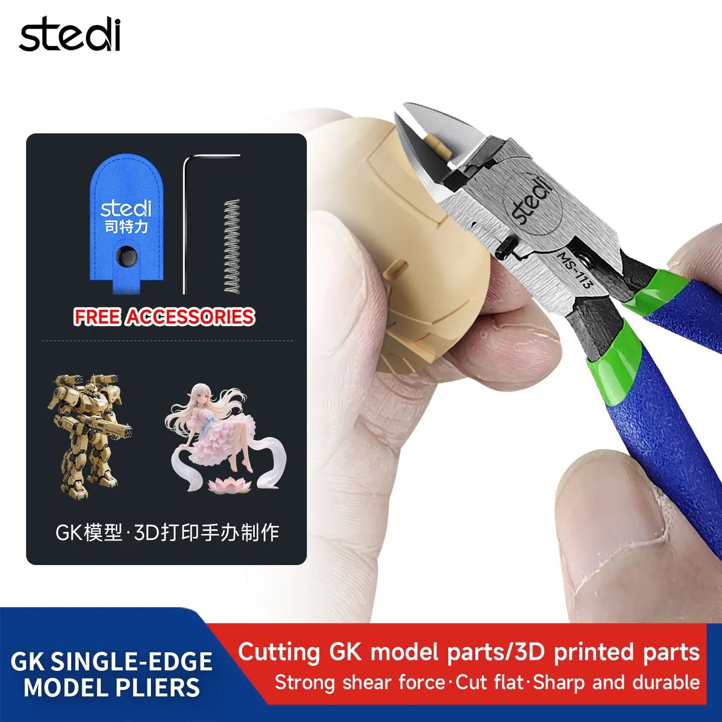 Stedi GK Model Single-Blade Nipper Pliers - Durable, High Shear Force, Sharp Edge, Accurate Precise 3D Snips for Hobbyists, Cutting Plastic, with Free Accessories