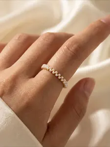 Womens Double Row Fake Pearl Pearl Embellished Open Ring Minimalist Adjustable Band Simple Elegant Fashion Jewelry Gift for Her