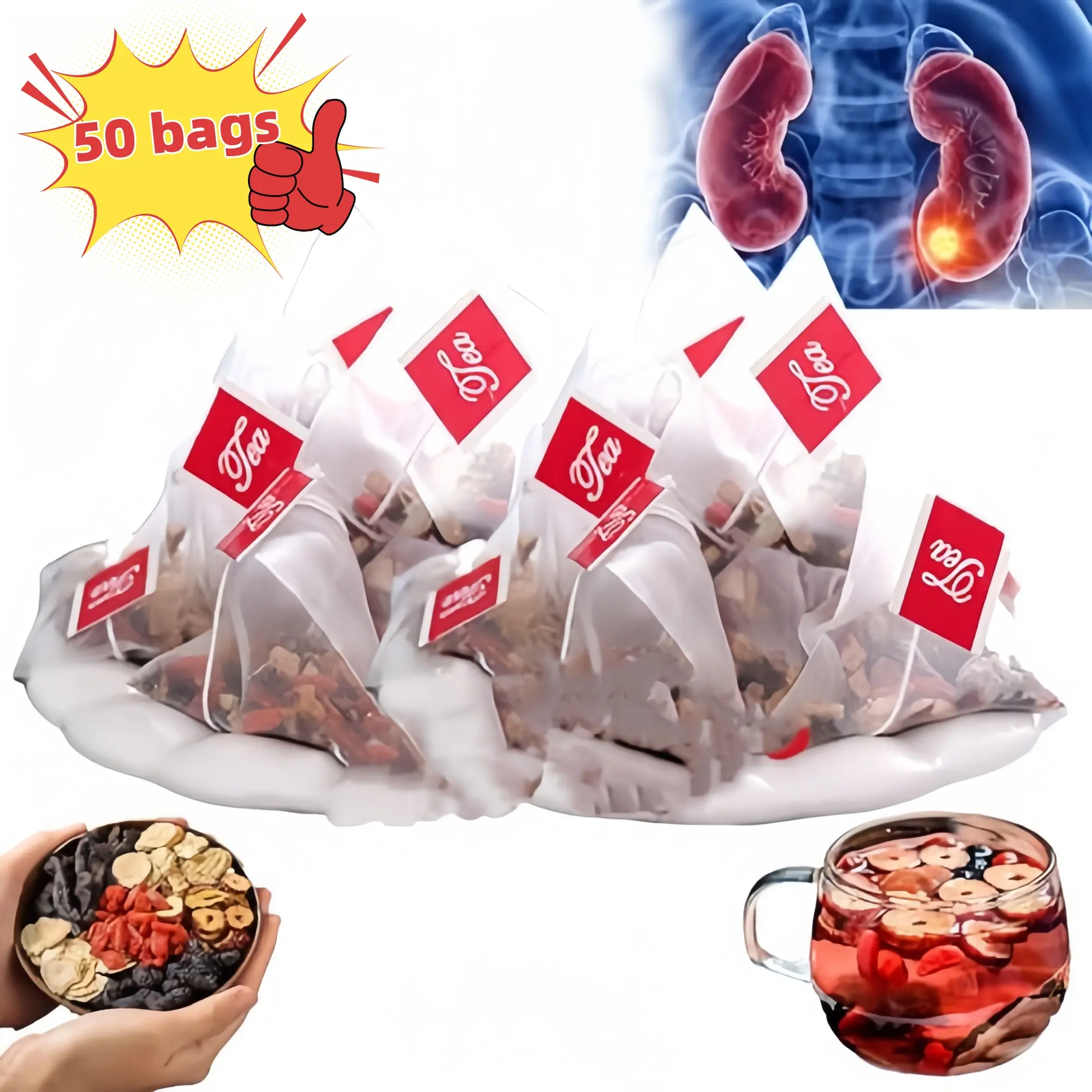 Ginseng Five Treasures Tea Kidney Tea, Ginseng Red Date Natural Chinese Herbal Tea Bags for Men Women, 6 Precious Ingredients Formula Organic Beverage