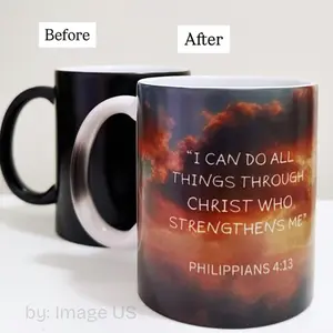 Christ Heat Color Changing Mug 11oz - Statement "I Can Do All Things Through Christ Who Strengthens Me" on Dark Background with Black Handle - Drinkware, Tumbler