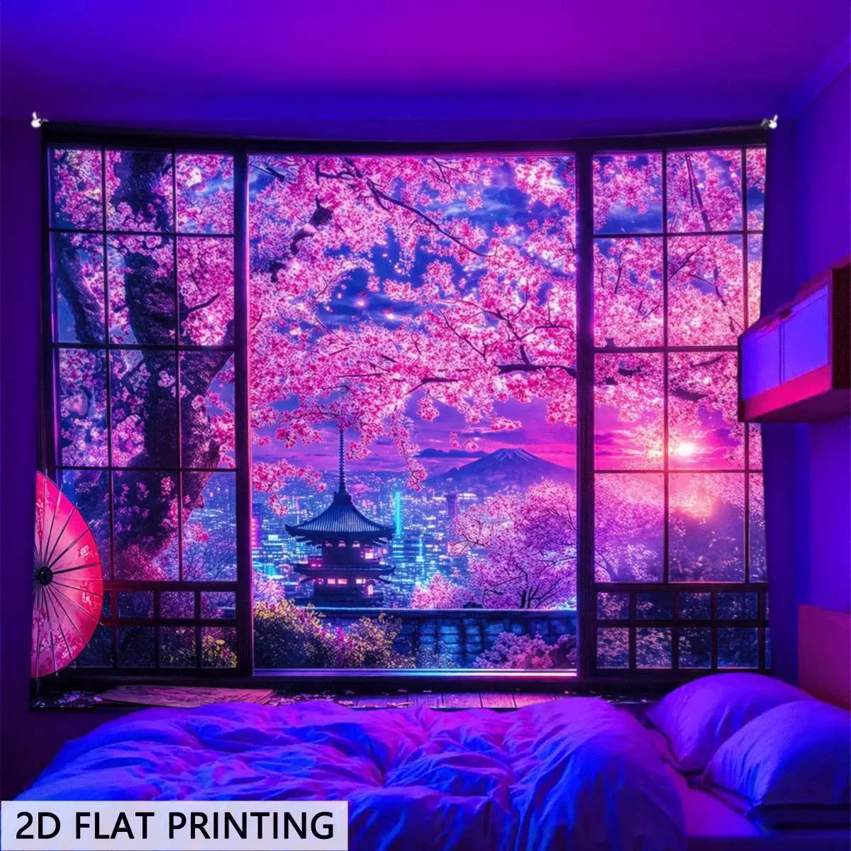 2D Flat Blacklight Glow-in-Dark Flower Print Tapestry, Neon Cherry Bloom Waterfall Window View Wall Art, Aesthetic Room Stuff for Home Party House Decor