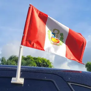 Peru Double-Sided Car Window Flag - Red and White Flag with Country Emblem - 18 x 11.5" Flag - 20" Pole